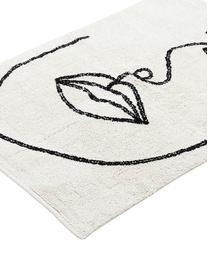 Tapis moderne en coton noué main One Line Visage, Blanc cassé, noir