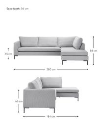 Sofa narożna Luna, Tapicerka: 100% poliester Dzięki tka, Stelaż: lite drewno bukowe, Nogi: metal galwanizowany, Jasnoszara tkanina, S 280 x G 184 cm, prawostronna