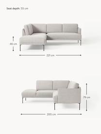 Divano angolare Fluente, Rivestimento: 80% poliestere, 20% ramiè, Struttura: legno di pino massiccio, Piedini: metallo verniciato a polv, Tessuto grigio chiaro, Larg. 221 x Prof. 200 cm, chaise longue a sinistra