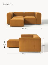 Modulares Samt-Sofa Lena (3-Sitzer) mit Hocker, Bezug: Samt (100 % Polyester) De, Gestell: Kiefernholz, Schichtholz,, Füße: Kunststoff, Samt Ockergelb, B 209 x T 181 cm