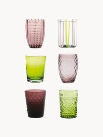 Verres à eau artisanaux Melting, 6 élém., Verre, Vert clair, prune, transparent, Lot de différentes tailles