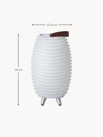 Mobile dimmbare LED-Gartenleuchte Synergy S mit Lautsprecher und Flaschenkühler, Lampenschirm: Kunststoff, Dekor: Aluminium, gebürstet, Griff: Leder, Weiß, Braun, Ø 32 x H 56 cm