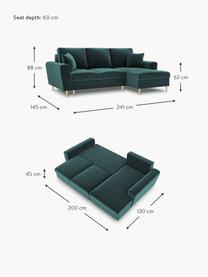 Sofá rinconera cama de terciopelo Moghan (3 plazas), con espacio de almacenamiento, Tapizado: 100% terciopelo de poliés, Estructura: madera de pino maciza, ag, Patas: metal revestido, Terciopelo azul petróleo, dorado, An 241 x F 145 cm, chaise longue izquierda