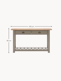 Consolle in legno fatta a mano Eton, Struttura: legno di pino laccato, Maniglie: metallo rivestito, Legno di quercia, verde oliva, Larg. 140 x Lung. 80 cm