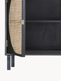 Aparador artesanal de madera Sungkai con tejido vienés Lizzie, Estructura: madera de Sungkai, Patas: metal con pintura en polv, Negro, ratán, An 160 x Al 81 cm