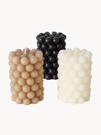 Bougies piliers de cire Pearls, 3 élém., haut. 10 cm, Cire, Blanc cassé, noir, beige, Ø 7 x haut. 10 cm