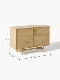 Kleines Sideboard Diana aus Eichenholz, Korpus: Spanplatte mit Eichenholz, Beine: Massives Eichenholz, Griffe: Aluminiumlegierung Dieses, Helles Eichenholz, B 110 x H 76 cm