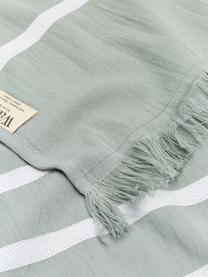 Telo fouta a righe con frange Filena, 100% cotone, Verde giada, bianco, Larg. 100 x Lung. 180 cm