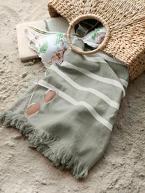 Telo fouta a righe con frange Filena, 100% cotone, Verde giada, bianco, Larg. 100 x Lung. 180 cm