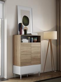 Hoge highboard Horizon in wit met eikenhout look, Poten: gelakt, massief beukenhou, Eikenhoutkleurig, wit, B 90 x H 141 cm