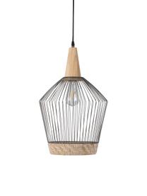 Závesná lampa z ratanu a kovu Birdy, Tienidlo: ratan, svetlosivá<br>Závesná časť: kaučukovníkové drevo