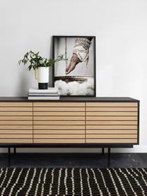 Dressoir Stripe met eikenhoutfineer, Frame: MDF met eikenhoutfineer, Poten: gepoedercoat metaal, Eikenhoutkleurig, zwart, 161 x 70 cm