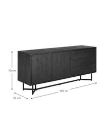 Schwarzes Sideboard Luca mit Türen aus Massivholz, Korpus: Massives Mangoholz, gebür, Gestell: Metall, pulverbeschichtet, Schwarz, B 160 x H 70 cm