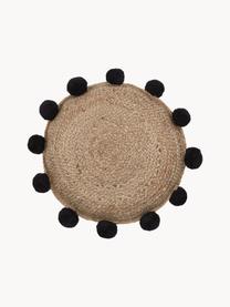 Jute decoratief kussen Fiko met pompoms, Bruin, zwart, Ø 40 cm