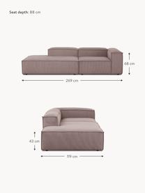 Chaise longue componibile in velluto a coste Lennon, Rivestimento: velluto a coste (92% poli, Rivestimento: schiuma con nucleo di mol, Struttura: legno di pino massiccio, , Piedini: plastica Questo prodotto , Velluto a coste taupe, Larg. 269 x Prof. 119 cm, schienale a destra