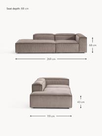 Chaise longue componibile in velluto a coste Lennon, Rivestimento: velluto a coste (92% poli, Rivestimento: schiuma con nucleo di mol, Struttura: legno di pino massiccio, , Piedini: plastica Questo prodotto , Velluto a coste taupe, Larg. 269 x Prof. 119 cm, schienale a destra