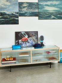 Tv-meubel Oli met glazen schuifdeuren, Frame: essenhout, Poten: gepoedercoat metaal, Transparant, lichtbruin, zwart, B 160 x H 55 cm