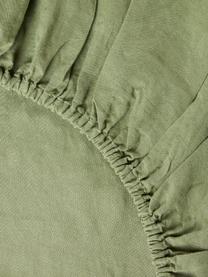 Drap-housse en lin délavé Airy, Vert olive, larg. 90 x long. 200 cm, haut. 25 cm