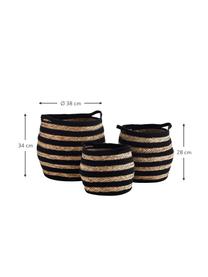 Set 3 cestini in fibra naturale Striped, Fibra naturale, cotone, Nero, marrone, Set in varie misure