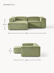 Canapé d'angle modulable en velours côtelé Lennon, Velours côtelé vert olive, larg. 238 x prof. 180 cm, méridienne à droite