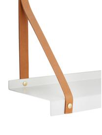 Metalen wandplank Shelfie met leren riemen, Plank: gepoedercoat metaal, Riemen: leer, Wit, bruin, 50 x 23 cm