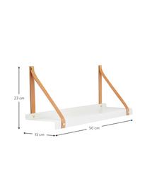 Metalen wandplank Shelfie met leren riemen, Plank: gepoedercoat metaal, Riemen: leer, Wit, bruin, 50 x 23 cm