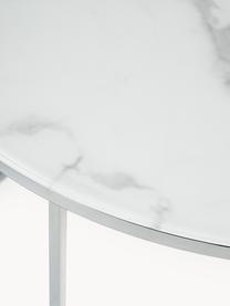 Runder Couchtisch Antigua mit Glasplatte in Marmor-Optik, Tischplatte: Glas, matt bedruckt, Gestell: Stahl, verchromt, Marmor-Optik Weiß, Silberfarben glänzend, Ø 80 cm