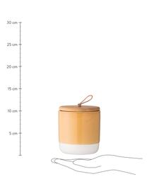 Opbergpottenset Starni, 2-delig, Pot: keramiek, Deksel: acaciahout, leer, silicon, Geel, grijs, bruin, Ø 10 x H 11 cm