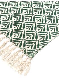 Plaid in cotone con frange Leaves, 100% cotone, Verde, color crema, Larg. 130 x Lung. 170 cm