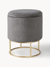 Tabouret en velours avec rangement Polina, Velours gris foncé, Ø 35 x haut. 45 cm