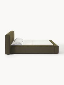 Čalúnená buklé posteľ s úložným priestorom Lennon, Buklé olivovozelená, Š 208 x D 243 cm (spacia plocha 140 x 200 cm)