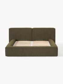 Cama tapizada en tejido bouclé Lennon, con espacio de almacenamiento, Funda: Bouclé (80% poliéster, 20, Estructura: madera de pino maciza con, Patas: madera, plástico Este pro, Bouclé verde oliva, An 208 x L 243 cm (colchón 140 x 200 cm)