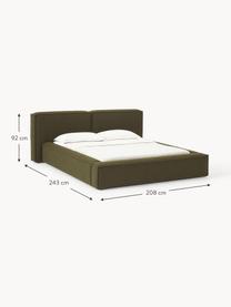 Letto imbottito in bouclé con contenitore Lennon, Rivestimento: bouclé (80% poliestere, 2, Rivestimento: schiuma, certificata Cert, Struttura: legno di pino massiccio, , Piedini: legno, plastica Questo pr, Bouclé verde oliva, Larg. 208 x Lung. 243 cm (superfice 140 x 200 cm)