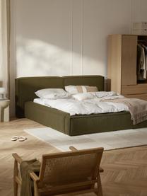 Čalouněná bouclé postel s úložným prostorem Lennon, Olivově zelená, Š 208 cm, D 243 cm (plocha k ležení 140 cm x 200 cm)