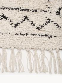 Tapis tissé main en coton à franges Fionn, 100 % coton, Beige clair, noir, larg. 80 x long. 250 cm