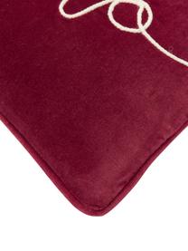 Housse de coussin rectangulaire brodée velours rouge Hohoho, Velours (100 % coton), Rouge, larg. 30 x long. 50 cm