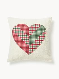 Copricuscino con decoro Lance, 90% poliestere, 10% acrilico, Bianco latte con motivo a cuore verde scuro e rosso, Larg. 50 x Lung. 50 cm