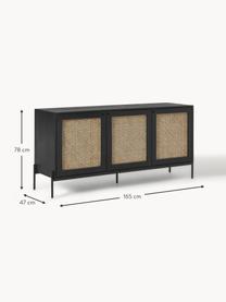 Sideboard Vienna mit Wiener Geflecht, Korpus: Massives Mangoholz, lacki, Mangoholz, Schwarz, B 165 x H 78 cm