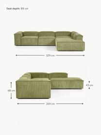 Modulares XL-Ecksofa Lennon aus Cord, Bezug: Cord (92 % Polyester, 8 %, Gestell: Massives Kiefernholz, Spe, Füße: Kunststoff Dieses Produkt, Cord Dunkelgrün, B 329 x T 269 cm, Eckteil rechts