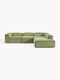 Sofá rinconera modular grande de pana Lennon, Tapizado: pana (92% poliéster, 8% p, Estructura: madera de pino maciza, ma, Patas: plástico Este producto es, Pana verde oscuro, An 329 x F 269 cm, chaise longue derecha