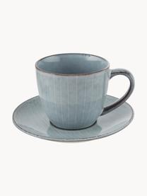 Handgemachte Tasse mit Untertasse Nordic Sea, Steingut, Graublau, gesprenkelt, Ø 8 x H 7 cm, 150 ml