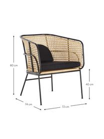 Chaise en rotin avec cannage Merete, Assise : rotin Structure : noir, mat Housses de coussin : noir