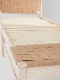 Cama de madera con cabecero de yute Köpenhamn, Estructura: madera de pino chapado en, Patas: madera de fresno, Madera de fresno, beige, An 160 x L 200 cm