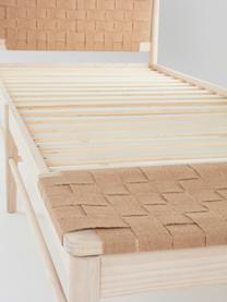 Houten bed Köpenhamn met hoofdeinde van jute vlechtwerk, Frame: grenenhout met essenhoutf, Poten: essenhout, Essenhout, beige, B 160 x L 200 cm