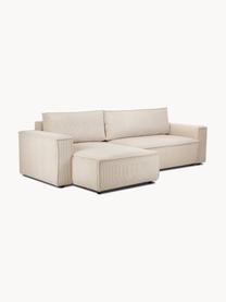 Divano letto angolare 4 posti in velluto a coste con contenitore Nihad, Rivestimento: corda di poliestere, Sottostruttura: legno, molle Nosag, Piedini: plastica, Tessuto beige, nero, Larg. 282 x Prof. 153 cm