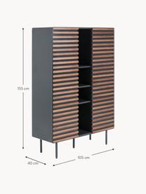 Highboard Kesia met walnoothoutfineer, Frame: gelakt MDF, Poten: gelakt metaal, Zwart, walnootkleurig, B 105 x H 155 cm