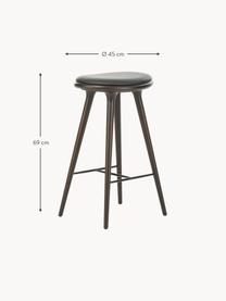 Barkruk High Stool van beukenhout en leer, Poten: beukenhout gebeitst, Zitvlak: leer, Beukenhout donkerbruin gelakt, leer zwart, B 45 x H 69 cm