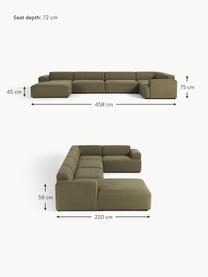 Salon lounge XL Melva, Tissu vert olive, larg. 458 x prof. 220 cm, dossier à gauche