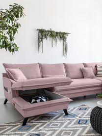 Divano letto angolare in tessuto rosa cipria con contenitore Charming Charlie, Rivestimento: 100% poliestere con sensa, Struttura: legno, truciolato, Rosa cipria, Larg. 302 x Prof. 200 cm