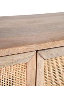 Niska szafka z drewna mangowego z plecionym frontem Larry, Korpus: drewno mangowe, Nogi: metal lakierowany, Brązowy, S 140 x W 55 cm